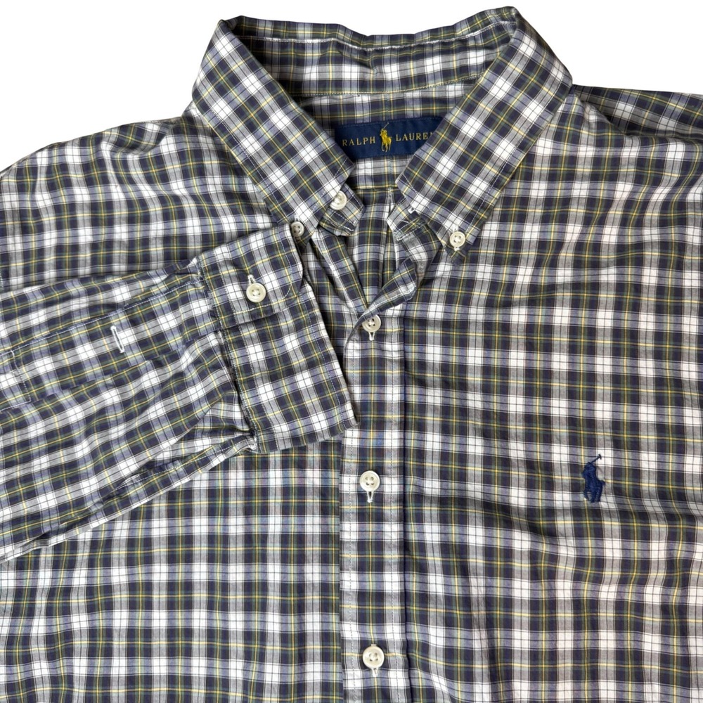 Ralph Lauren Button Down Shirt Mens XL Blue Green Plaid Preppy Quiet Luxury Ivy